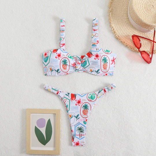 Damen Triangel-Bikini mit tropischem Druck und zarten Rüschen EB