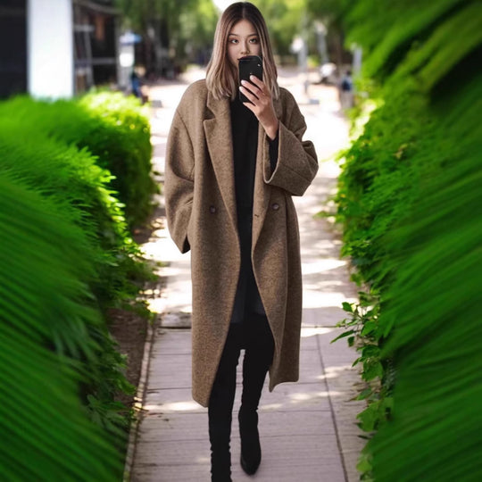 Damen Oversized Wollmantel mit doppelt-knöpfigem Design und lässigem Schnitt EB