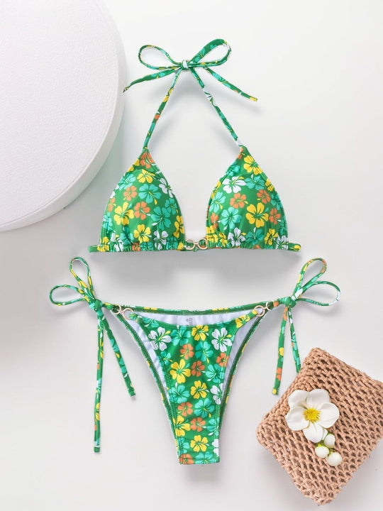 Damen Triangel-Bikini mit raffinierten Bindebändern und farbenfrohem Blumenmuster EB