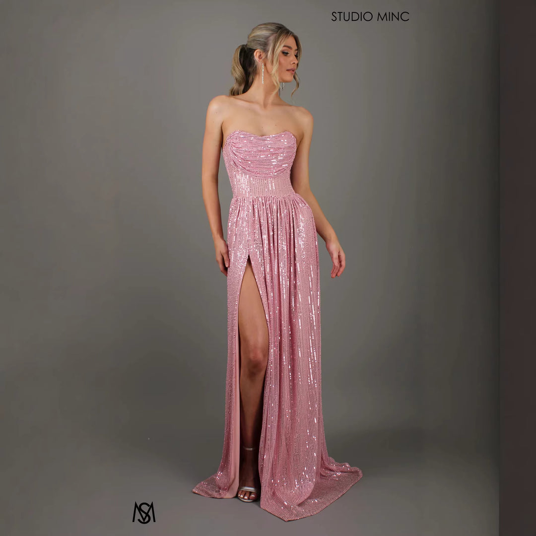 Damen Glitzerndes und schulterfreies Abendkleid mit tiefem Schlitz EB