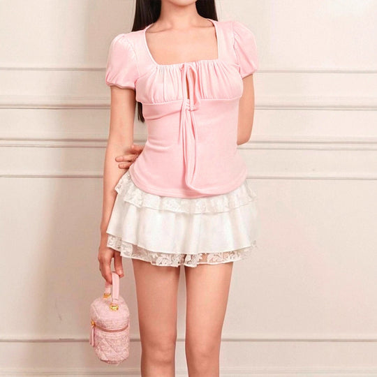 Damen Kurzarm Bluse mit Raffung und Kordelzug EB