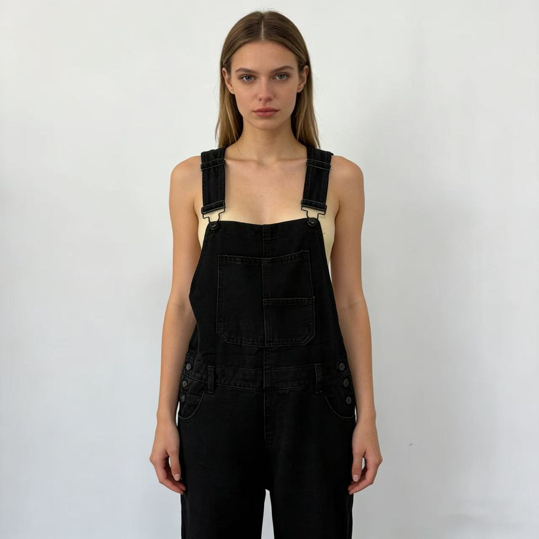 Damen nan weiche Denim-Latzhose mit weitem Bein, verstellbaren Trägern und Pattentasche EB
