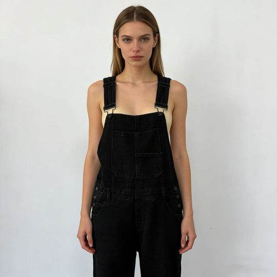 Damen nan weiche Denim-Latzhose mit weitem Bein, verstellbaren Trägern und Pattentasche EB