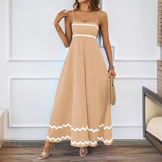 Damen Maxikleid mit schmalen Trägern und verspieltem Wellenmuster EB