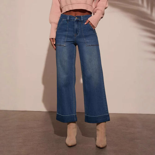 Damen weit geschnittene Denim-Hose mit hohem Bund EB