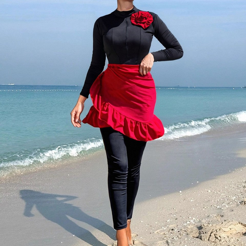 Damen Modischer Badeanzug mit Rock und Langarm EB