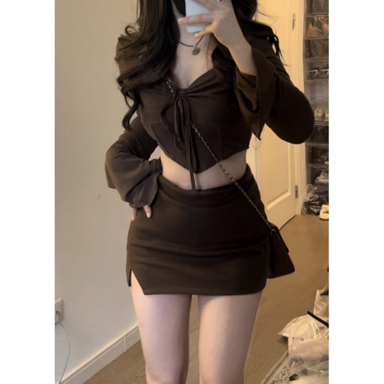 Damen Crop-Top mit dekorativem Bindegürtel und weitem Arm EB
