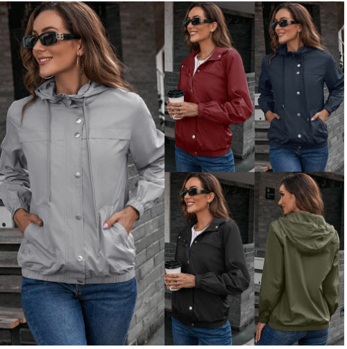 Damen Windbreaker Jacke mit verstellbarem Kapuzenkragen und seitlichen Taschen EB
