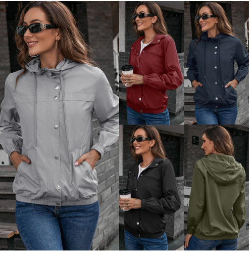 Damen Windbreaker Jacke mit verstellbarem Kapuzenkragen und seitlichen Taschen EB