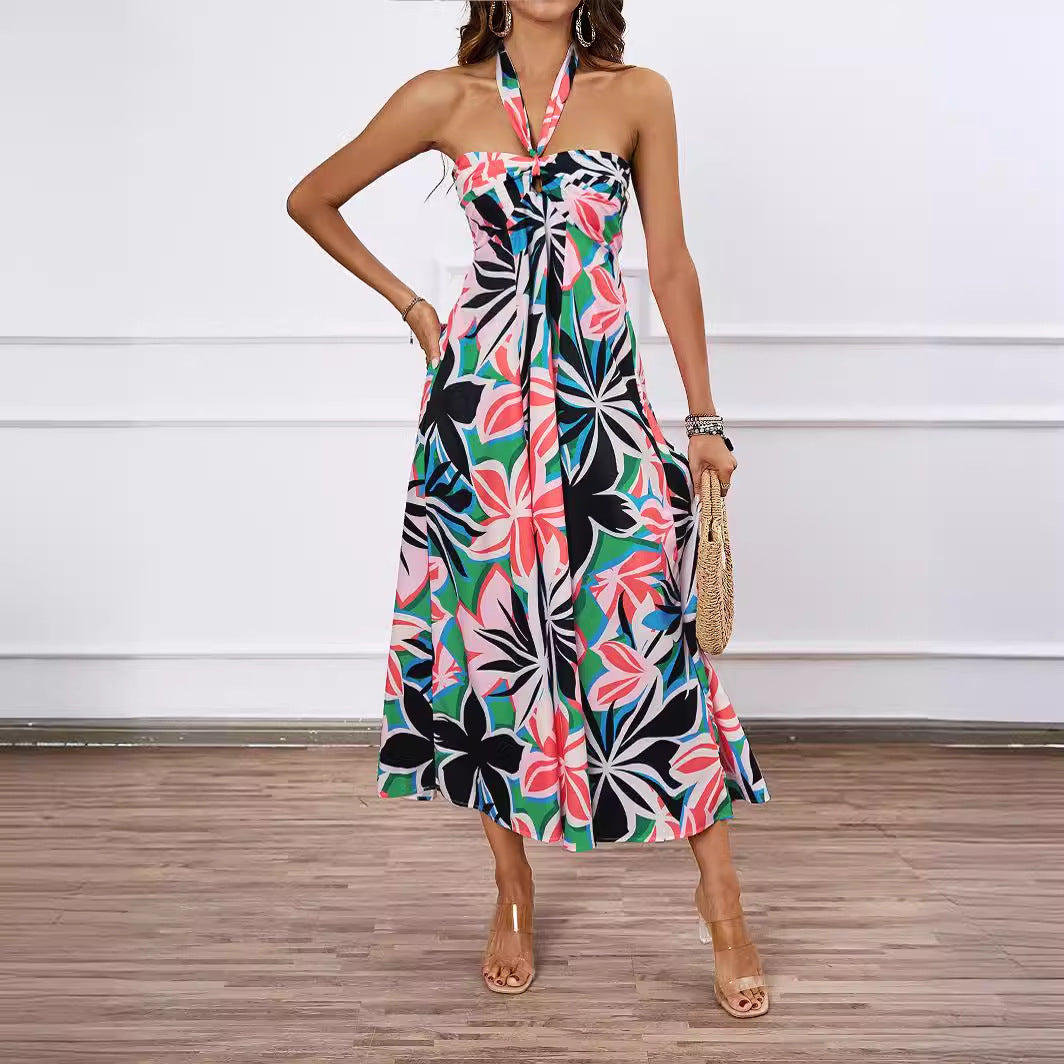 Damen Maxi-Bustierkleid mit floralen Akzenten und elastischem Oberteil EB
