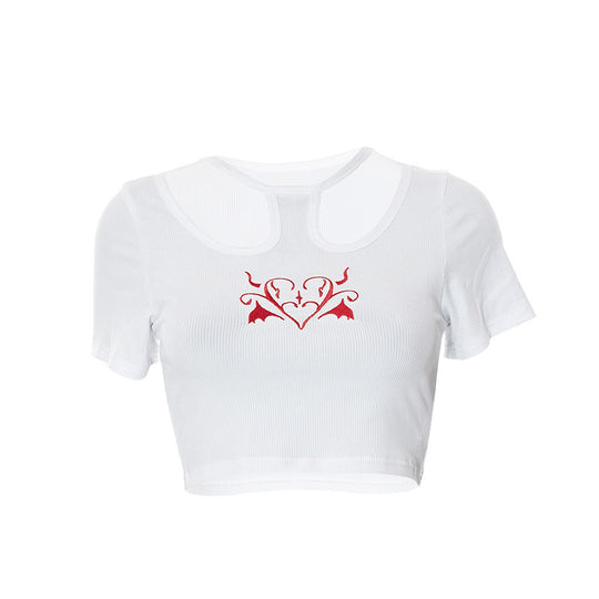 Damen Crop-Top mit kreativem Cut-Out und gesticktem Herzdesign EB