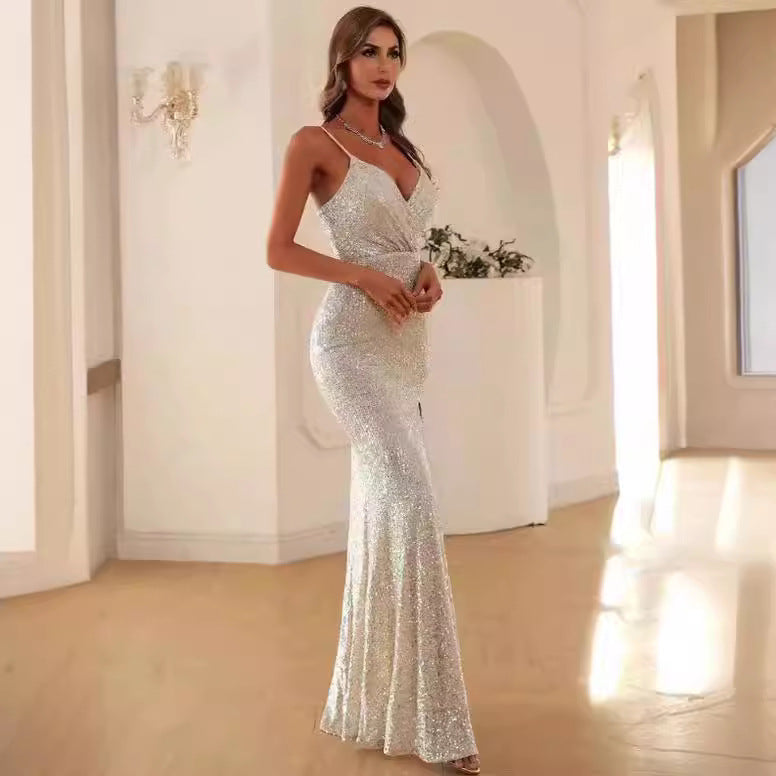 Damen Glitzerndes Abendkleid mit tiefem V-Ausschnitt und elegantem Schlitz EB