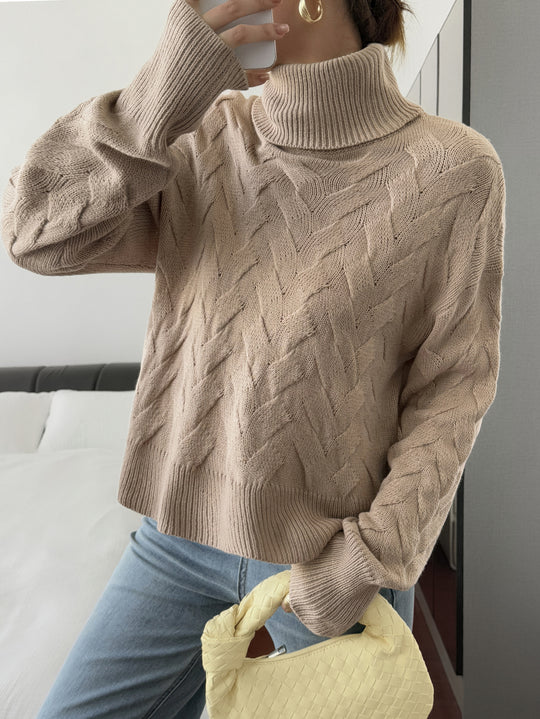 Damen nan grobstrick Rollkragenpullover mit Zopfstruktur, oversized Schnitt und längeren Ärmeln EB