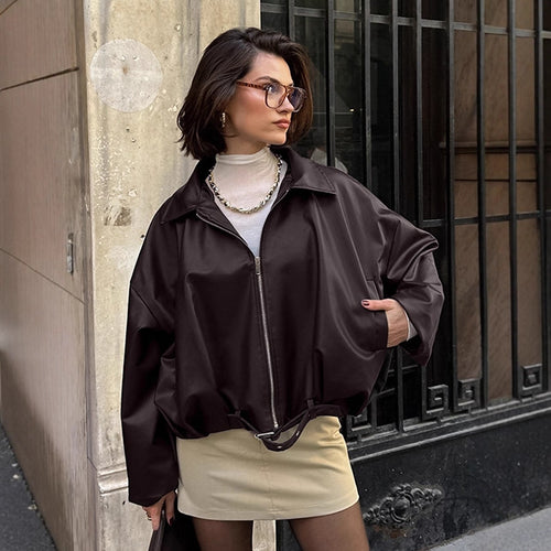 Damen lässige Oversized-Jacke mit Reißverschluss und breitem Kragen EB