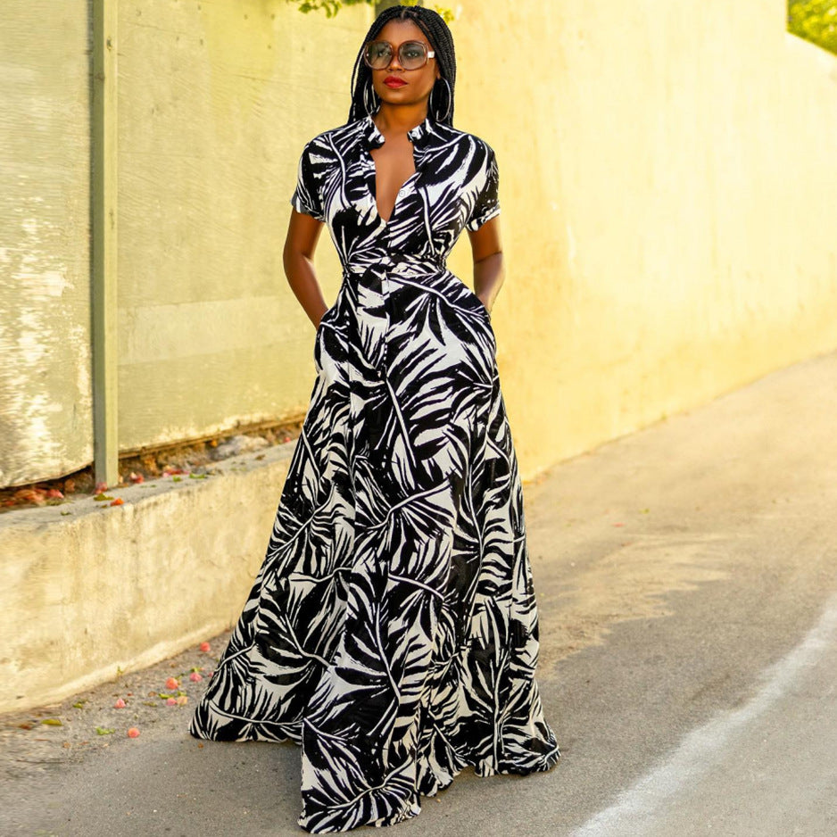 Damen Maxikleid mit floralem Muster und schickem Hemdkragen EB