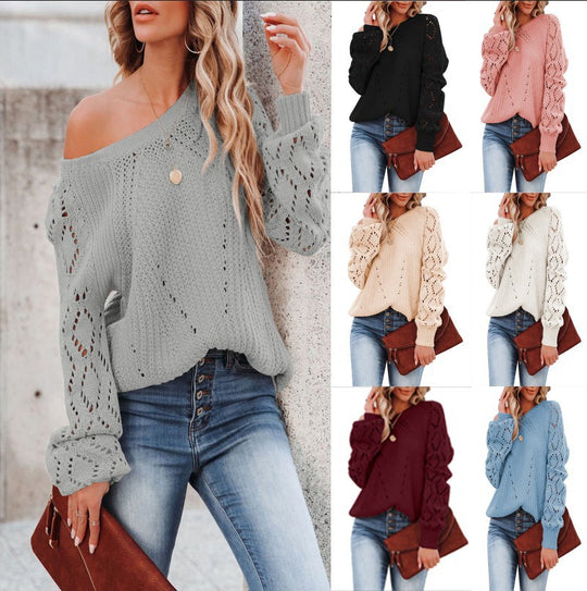 Damen Strickpullover mit dekorativer Lochmusterung und weiten Ärmeln EB