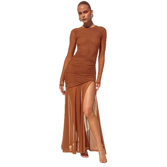 Damen Maxikleid mit eleganten Rüschendetails und seitlichem Schlitz EB