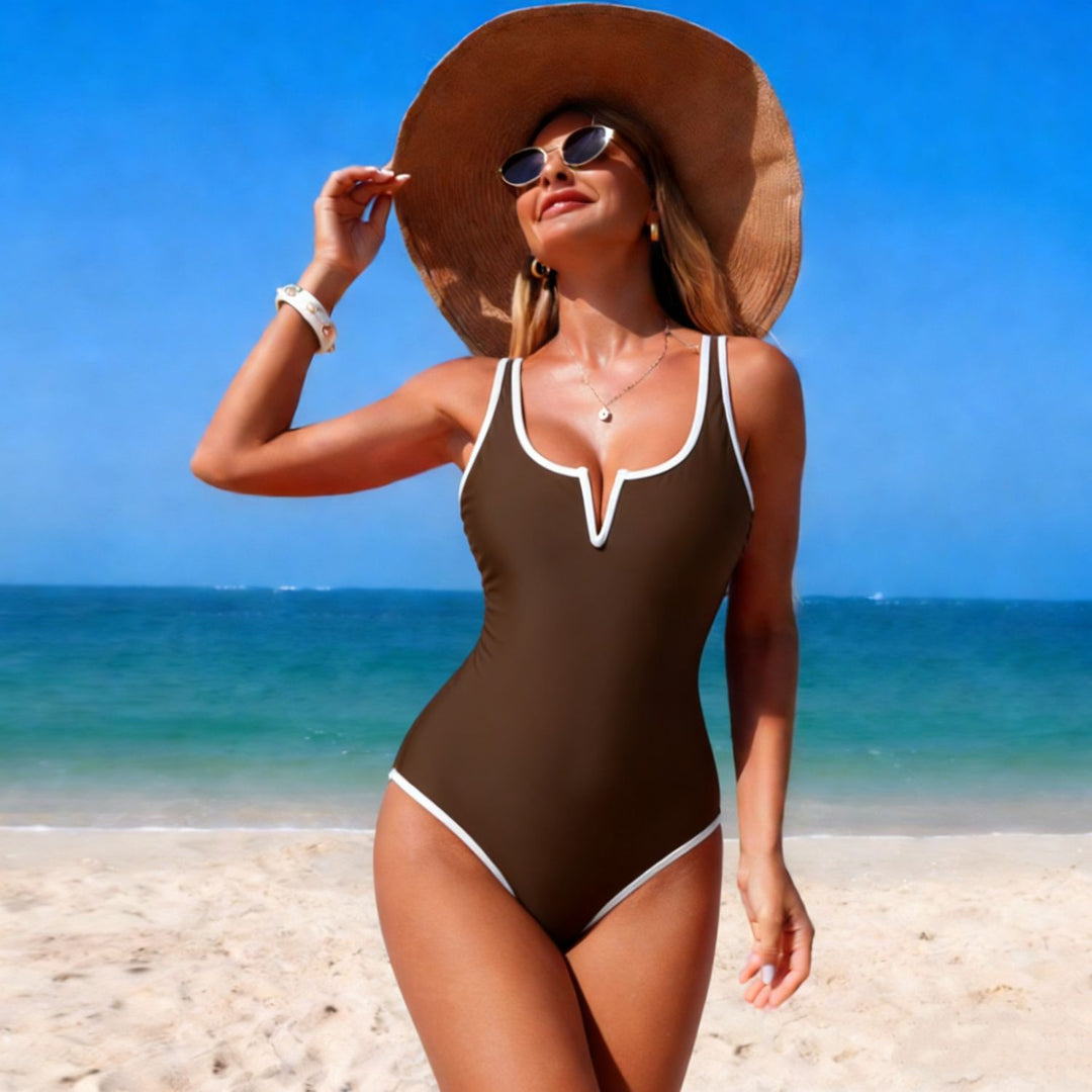 Damen sportlicher Einteiler Badeanzug mit tiefem V-Ausschnitt EB