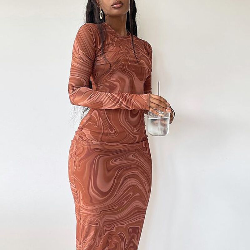 Damen Elegantes Langarmkleid mit modernem Marmormuster EB