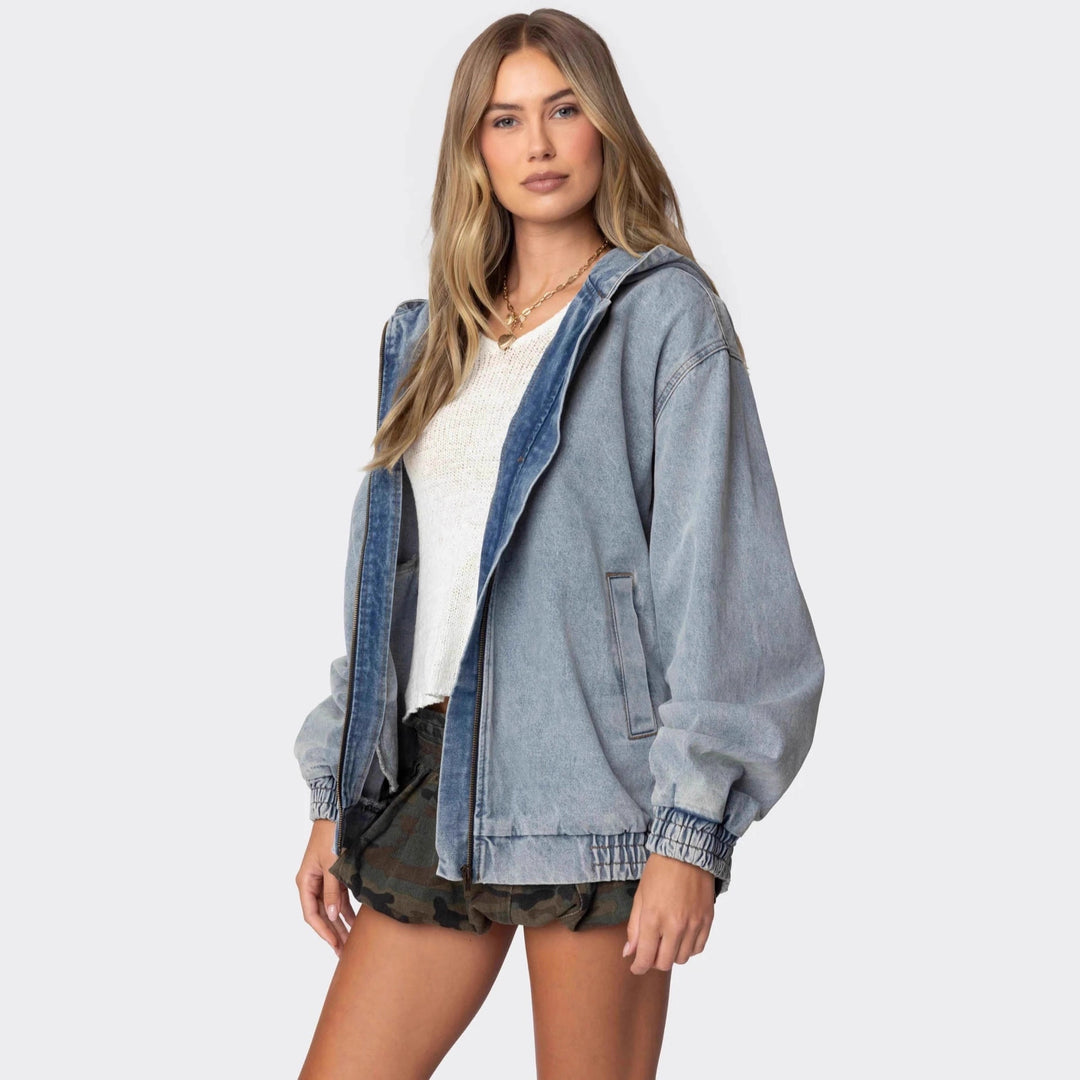 Damen Oversized Denimjacke mit Kapuze und elastischen Bündchen EB