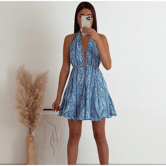 Damen Sommerliches Kleid mit tiefem V-Ausschnitt und schwingendem Rock EB
