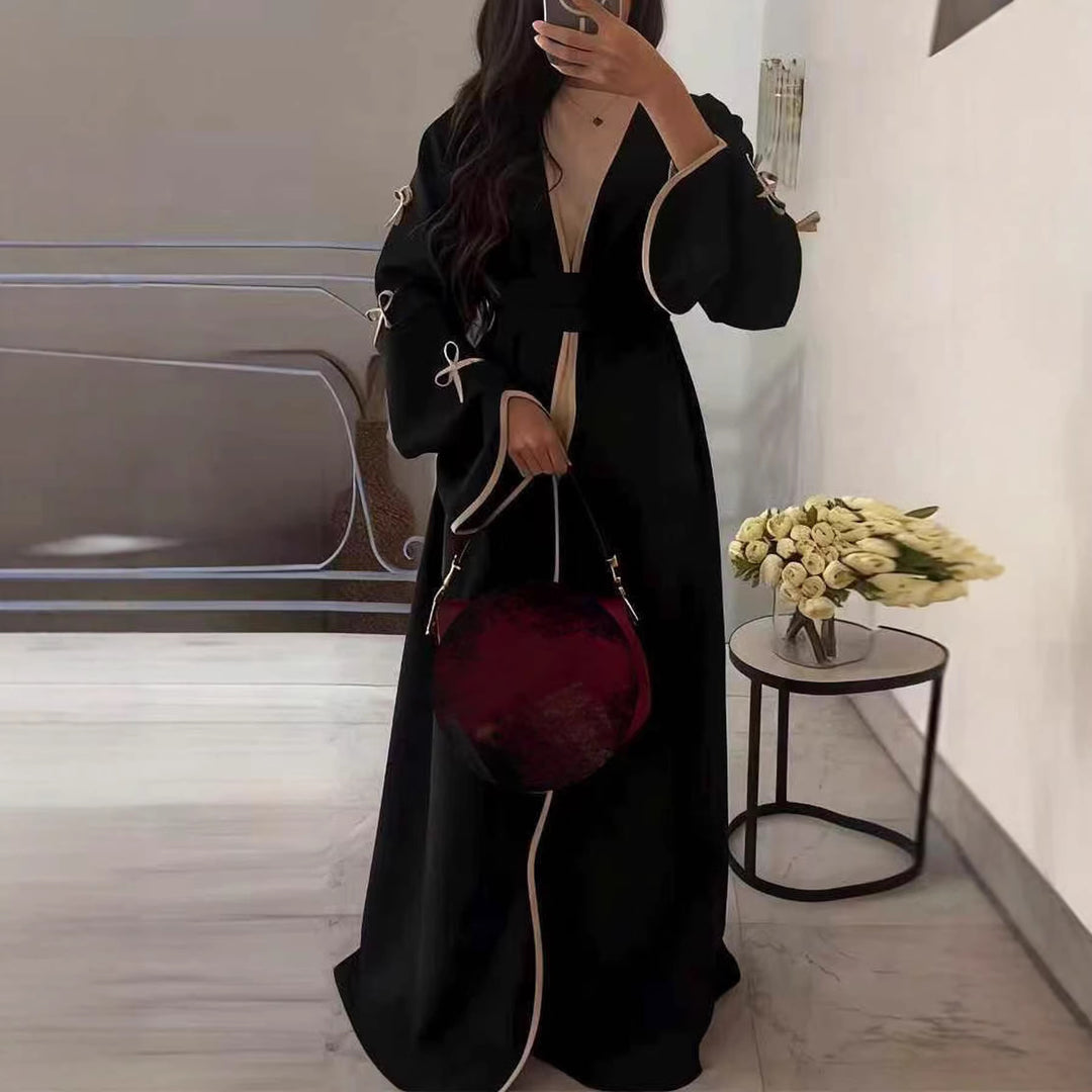 Damen nan elegante Abaya-Kaftan mit weitem Trompetenärmel, kontrastierender Passe und Wickelgürtel EB