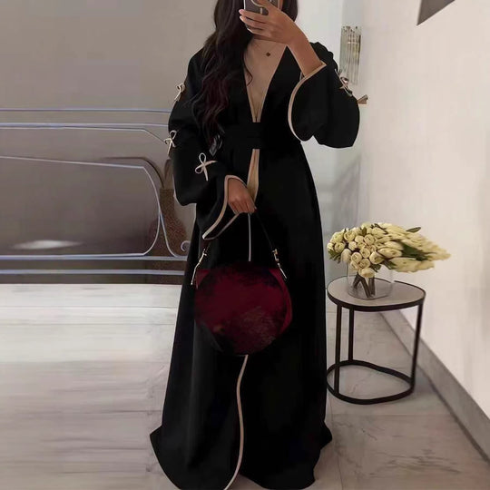 Damen nan elegante Abaya-Kaftan mit weitem Trompetenärmel, kontrastierender Passe und Wickelgürtel EB