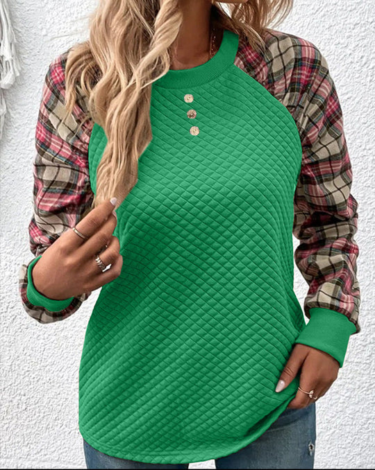 Damen modischer Sweatshirt mit originellem Karomuster und strukturiertem Oberteil EB