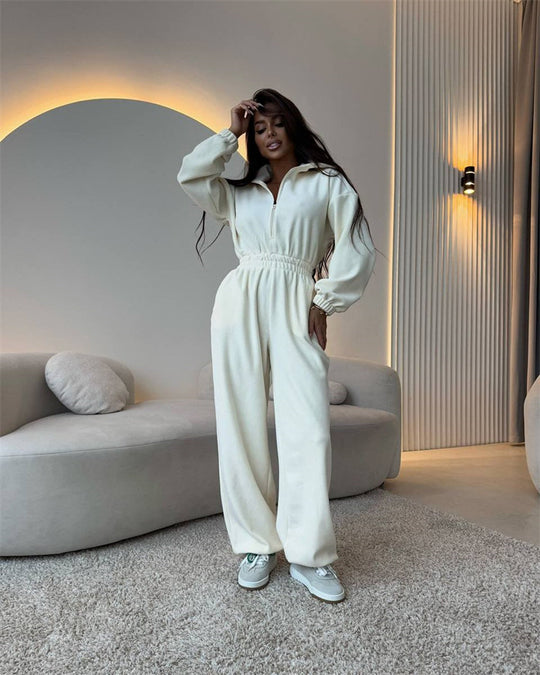 Damen Oversized Loungewear-Jumpsuit mit halbem Reißverschluss und elastischer Taillenraffung EB