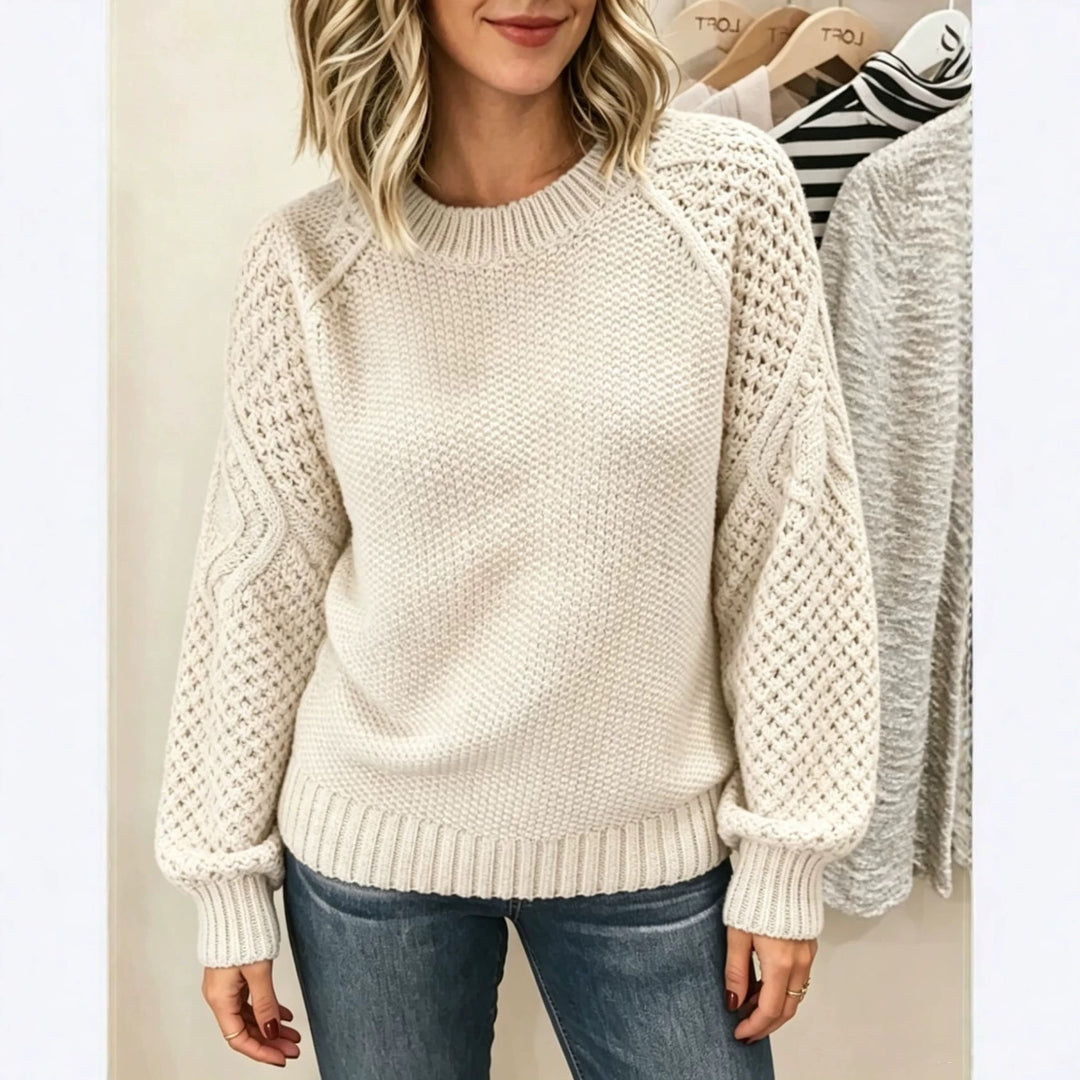 Damen Grobgestrickter Rundhals-Pullover mit Ajour- und Zopfmusterärmeln EB
