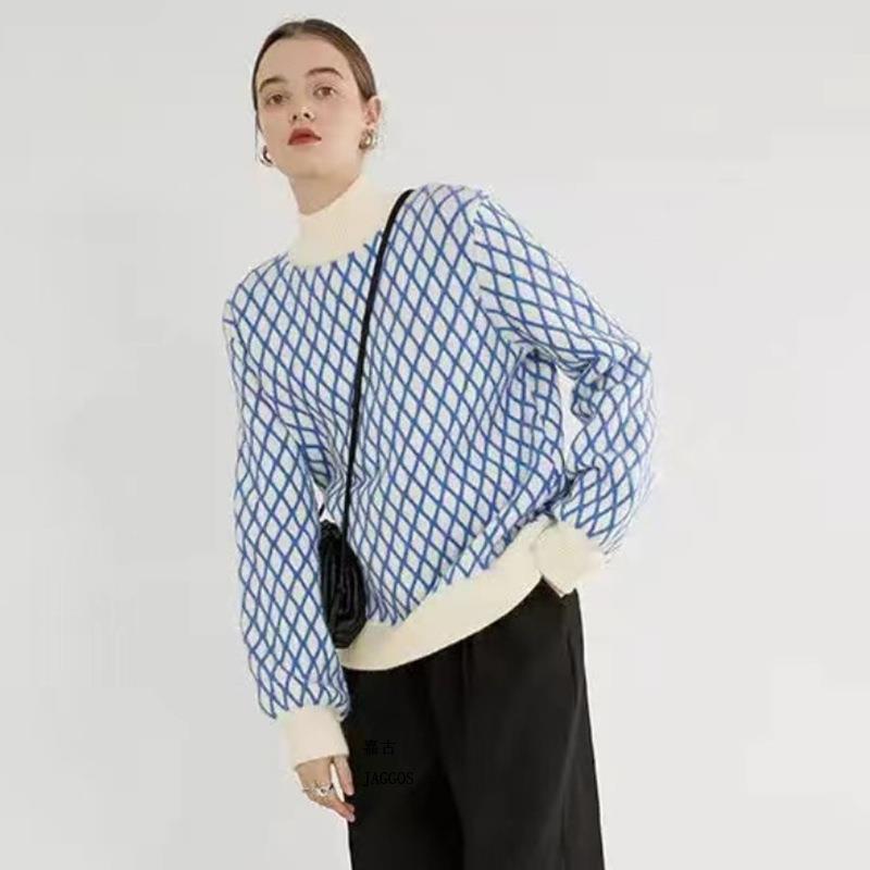Damen Oversize Strickpullover mit Rautenmuster und Stehkragen EB