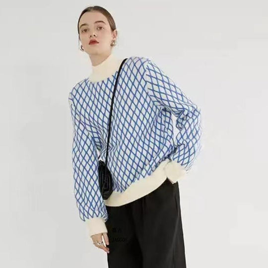 Damen Oversize Strickpullover mit Rautenmuster und Stehkragen EB