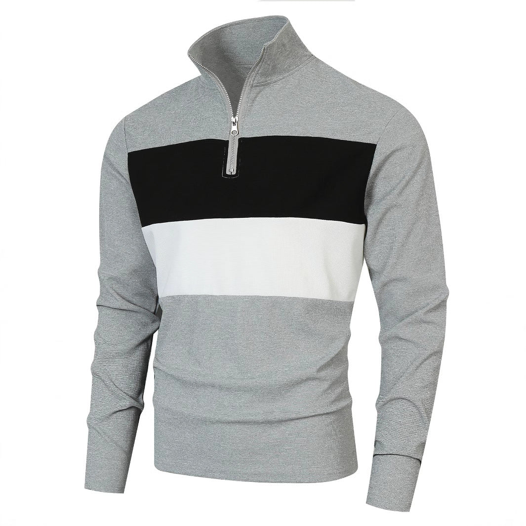 Herren nan Halbzip-Pullover mit Stehkragen, breitem Blockstreifen und fein gerippter Struktur EB