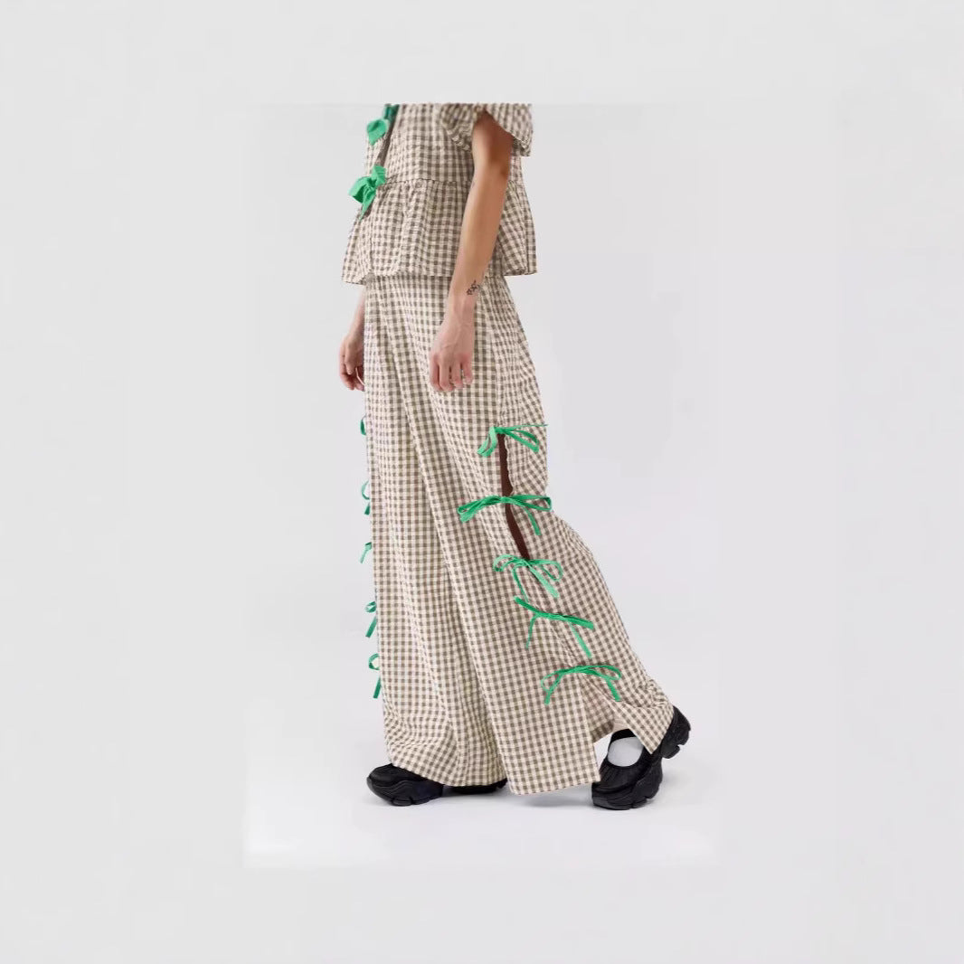 Damen Weite Karohose mit dekorativen Schnürdetails EB