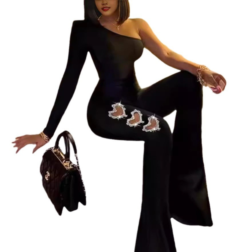 Damen Elegantes einseitiges Flare-Jumpsuit mit dekorativen Verzierungen EB