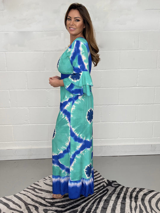 Damen Maxikleid mit asymmetrischen Ärmeln und einzigartigem Batik-Design EB