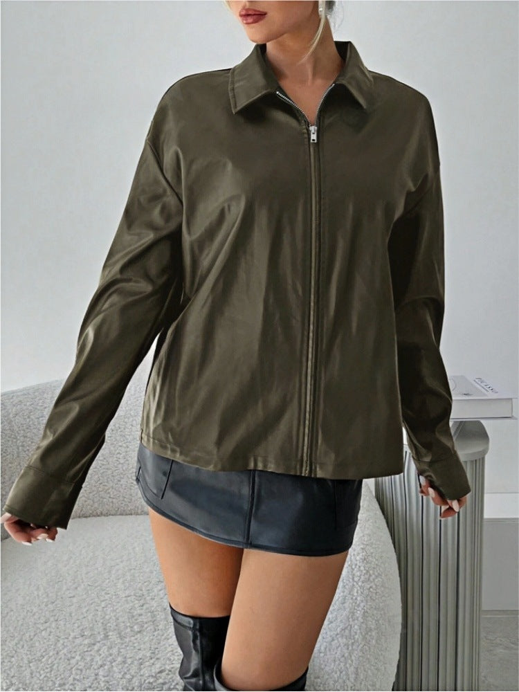 Damen leichtgewichtige Kunstlederjacke mit modernem Reißverschluss EB