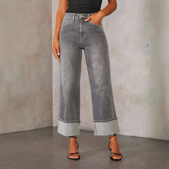 Damen Weite Jeans im modernen cropped Stil mit Kontrastabschlüssen EB