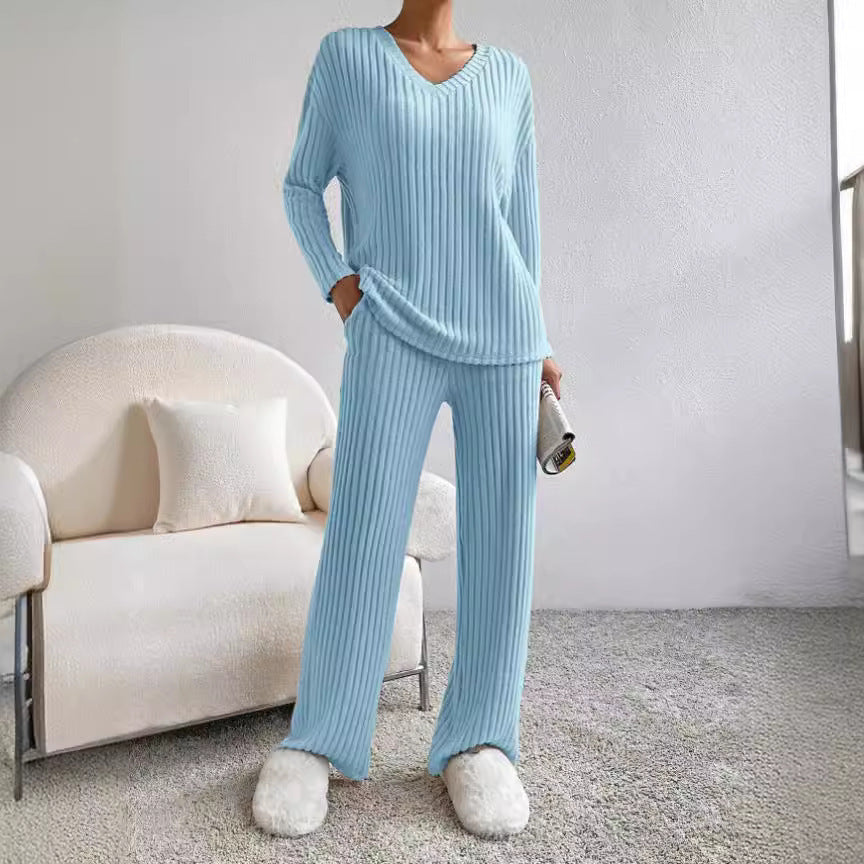 Damen Freizeit-Loungewear-Set aus weichem Rippstoff mit V-Ausschnitt EB