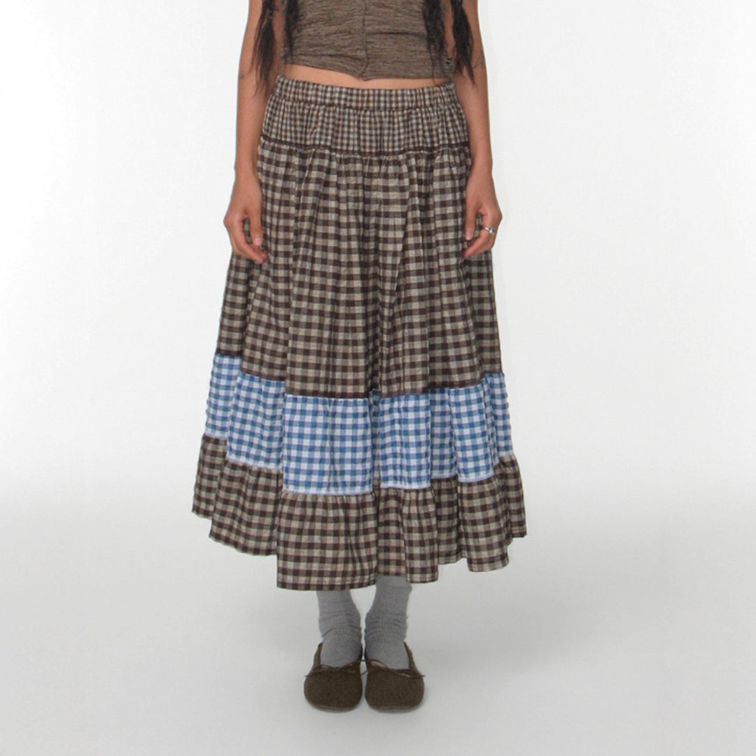 Damen nan mehrlagiger Baumwoll-Stufenrock mit elastischem Taillenbund, kontrastierendem Gingham-Band und Volant EB
