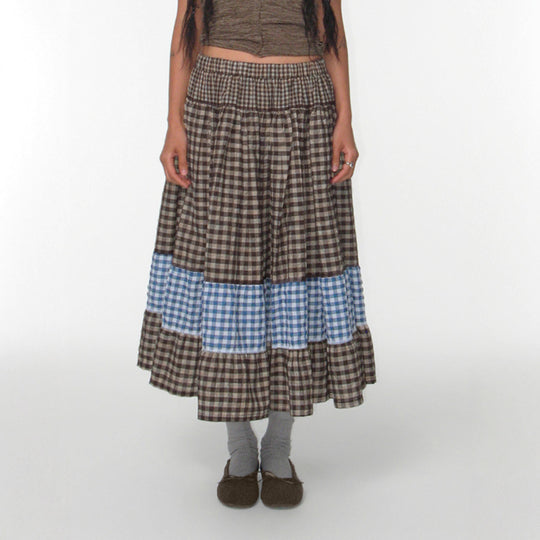 Damen nan mehrlagiger Baumwoll-Stufenrock mit elastischem Taillenbund, kontrastierendem Gingham-Band und Volant EB