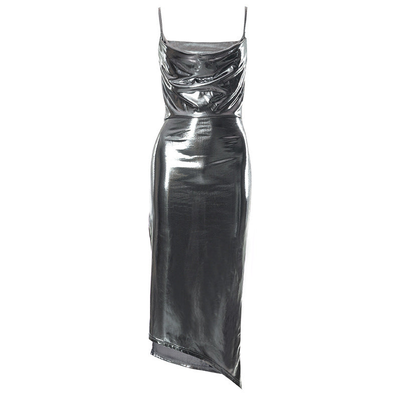 Damen Elegantes Wrap-Kleid aus glänzendem Material EB