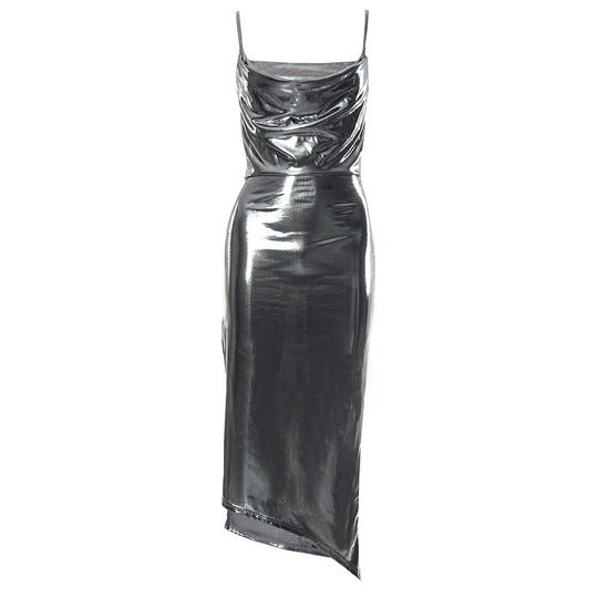 Damen Elegantes Wrap-Kleid aus glänzendem Material EB
