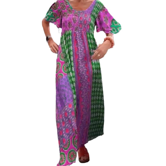 Damen nan Boho Maxikleid mit gesmoktem Oberteil und weitem Fließrock EB
