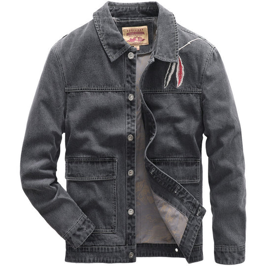 Herren Jeans-Truckerjacke mit Stickdetail und aufgesetzten Taschen EB
