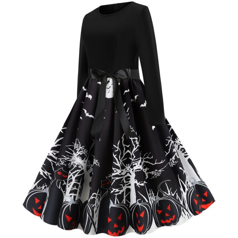 Damen Vintage-inspiriertes Swingkleid mit Halloween-Motiv, taillierter Satinschärpe und langen Ärmeln EB