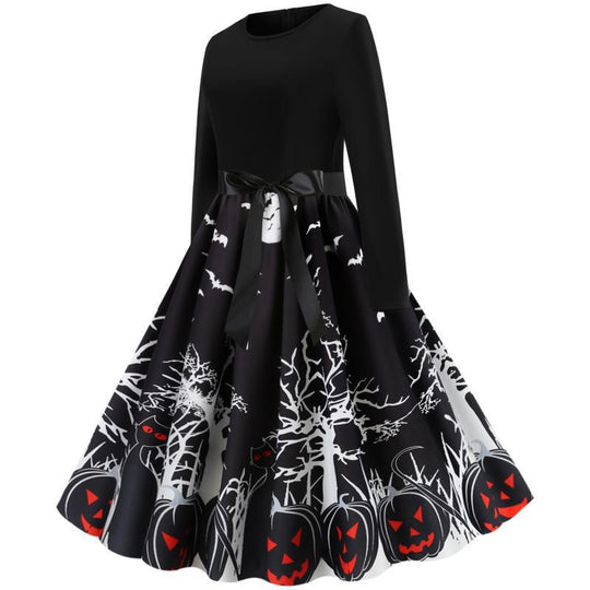 Damen Vintage-inspiriertes Swingkleid mit Halloween-Motiv, taillierter Satinschärpe und langen Ärmeln EB
