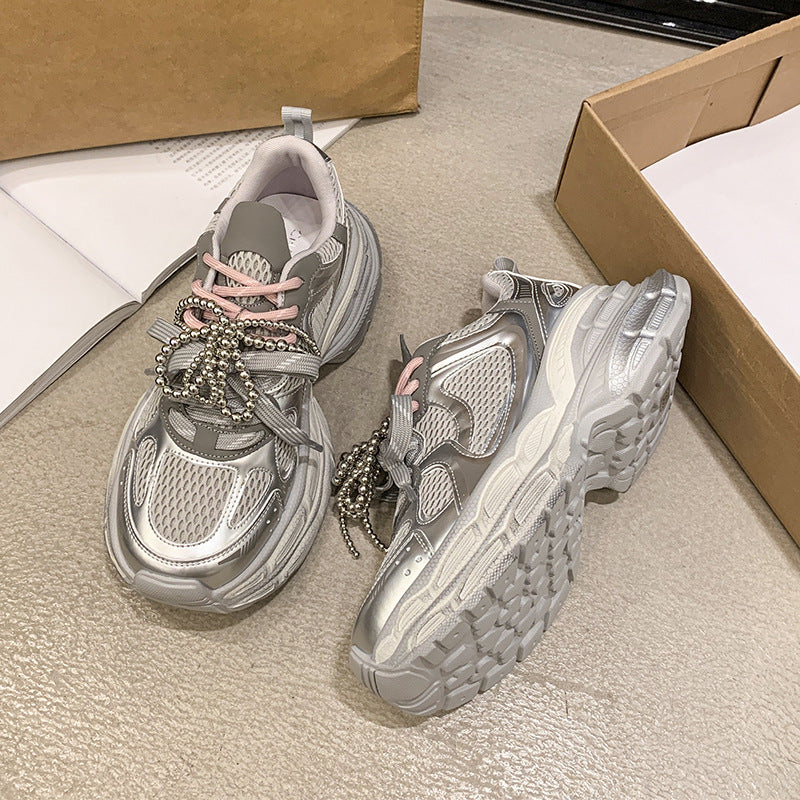 Damen sportliche Sneakers mit modischem Perlen-Schnürsystem EB
