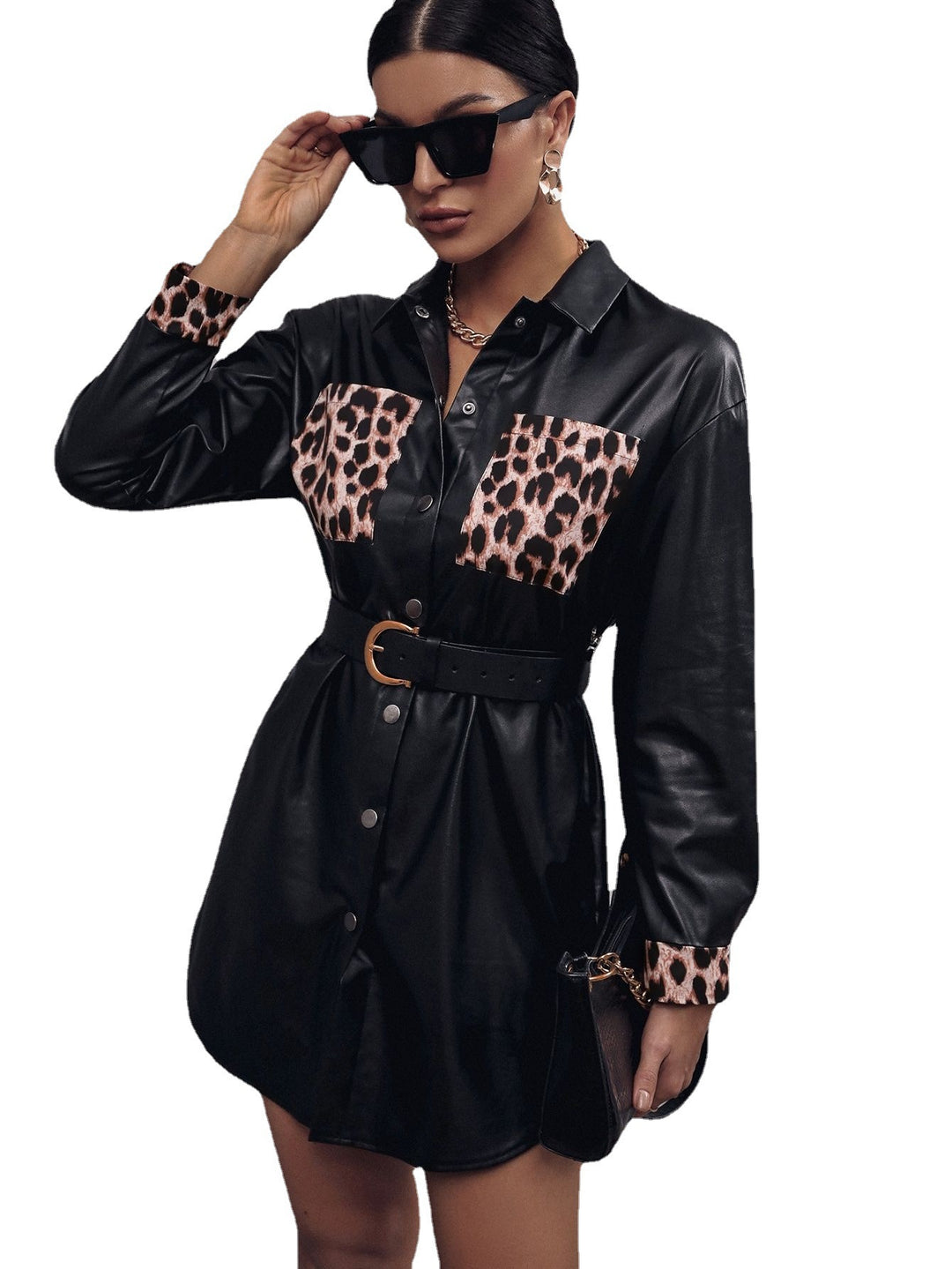 Damen Kunstleder Hemdblusenkleid mit animalischem Print und taillierbarem Gürtel EB