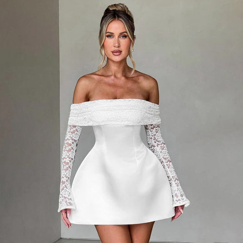 Damen Offshoulder Minikleid mit Spitzenärmeln und taillierter Silhouette EB